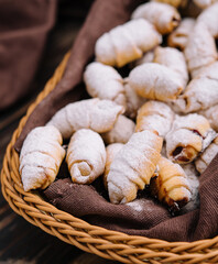 homemade pastries, bagels with jam, croissants.