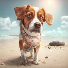 Jack russel dog summer attire beach outfit. Summer jack russel terrier canine dog wearing beach scarf in tropical hot and sunny day background. Generative AI.