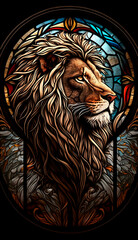 a lion against the background of a colorful stained-glass window