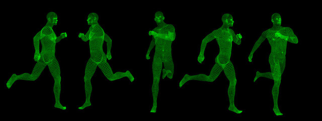 Fototapeta na wymiar 3D Render : Portrait of running green wireframe male character on black background, different angles