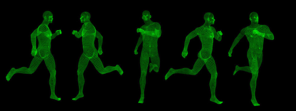 3D Render : Portrait of running green wireframe male character on black background, different angles