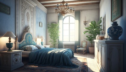 Exotic looking traditional mediterrean bedroom interior with double bed. Generative AI