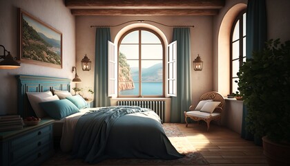 Exotic looking traditional mediterrean bedroom interior with double bed. Generative AI