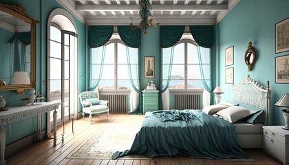 Exotic looking traditional mediterrean bedroom interior with double bed. Generative AI