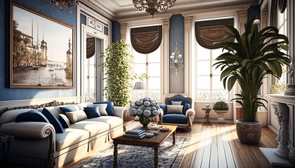 Bright and spacious traditional mediterrean interior style living room with sofa and coffee table. Generative AI