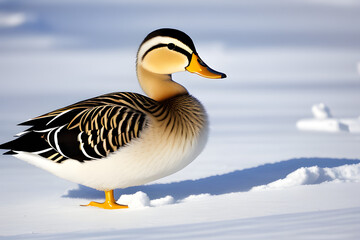 Obraz premium Female duck sits on the white snow