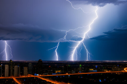 Double lightning above city