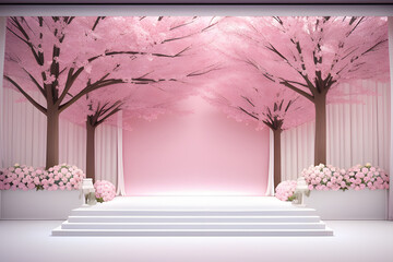 Realistic 3D render blank empty pastel pink podium with cherry blossom flower bouquet and blowing white curtain. Beauty products display, Backdrop, Advertising, Space, Foliage, Shadow, Sunlight.