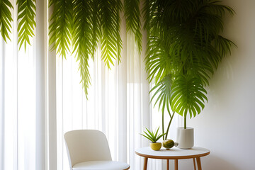 White wooden round side table with tropical plant, blowing white curtain in beautiful sunlight, leaf shadow on white wall for luxury beauty, organic, health, cosmetic, jewelry fashion product display