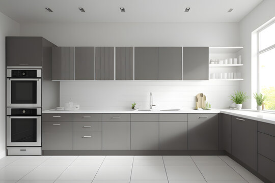 Realistic 3D render close up blank empty space countertop in modern grey build in kitchen cabinet set for household products display with white ceramic wall tiles in background. Sunlight, utensils.