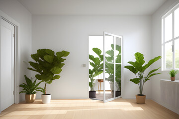 3d render interior mock up of a modern apartment, an open folding door for kitchen area, morning sunlight on blank empty wall. Fiddle leaf fig tree in a pot. Background, Home, Products overlay.