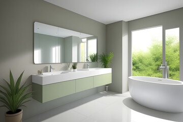 Naklejka na ściany i meble 3D render polished cement wash basin in stand alone vanity counter with round mirror in sage green bathroom. Tropical green leaves plants, Sunlight, Foliages. Blank empty space, Products display.