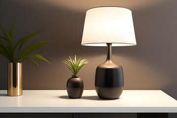 Realistic 3D render close up of a luxury black entryway table with classic cozy lamp light and a decor minimal leaves vase on top. Empty space for products overlay background, Brown fabric wallpaper.