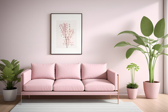 Realistic 3D render of a sweet pink armchair sofa with cushion next to a luxury rose gold side table with plants and a blank photo frame on pastel pink wall. Interior design, Poster, Arts, Mockup.