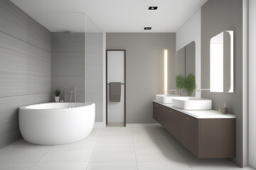 Fototapeta na wymiar Realistic 3D rendering background, a modern white vanity unit in the bathroom with mirror and round ceramic wash basin on marble countertop. Morning Sunlight, Products display background, Mock up.