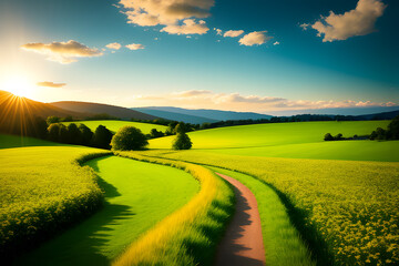 Obraz premium Picturesque winding path through a green grass field in hilly area in morning at dawn against blue sky with clouds. Natural panoramic spring summer ... See More