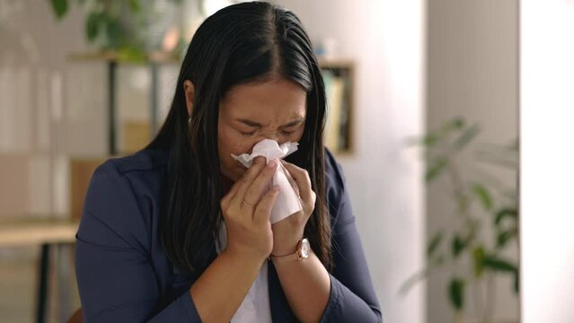 Sick business woman, sneeze and nose of flu in office for allergies, cold virus and hayfever disease. Tissue, female and allergy of worker with health problem, medical risk and sinusitis in workplace