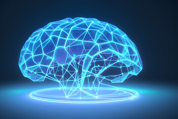 Wireframe hologram of a futuristic human brain, holographic sci-fi interface. 