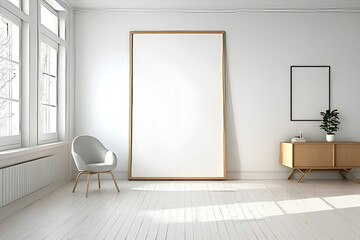 office room, large blank frame, light wood frame, white minimal style inside studio, white walls, overexposed, interior design idea - Generative AI