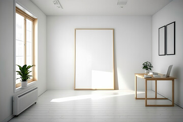 Obraz na płótnie Canvas office room, large blank frame, light wood frame, white minimal style inside studio, white walls, overexposed, interior design idea - Generative AI