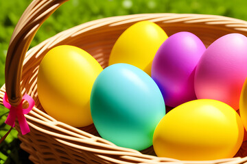 Fototapeta na wymiar Closeup of Plastic Eggs in Easter Basket with Spring Colors