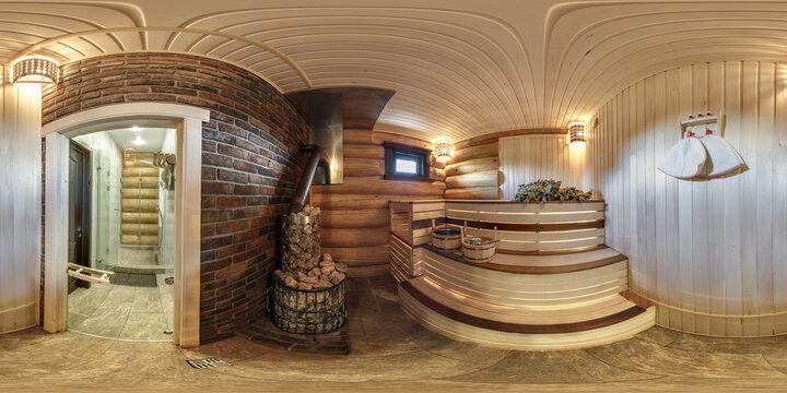 full seamless hdri 360 panorama of interior in rustic wooden Russian bath sauna in equirectangular spherical projection, VR content