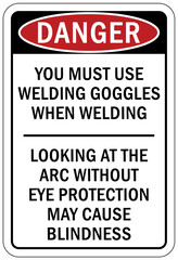 Welding hazard sign and labels you must use welding goggles when welding. Looking at the arc without eye protection may cause blindness
