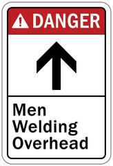 Welding hazard sign and labels men welding overhead