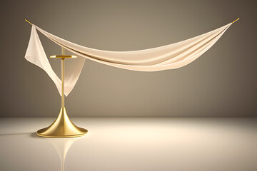 3D display podium beige background. Luxury flying cloth in motion. Glamour minimal gold pedestal for beauty, cosmetic product presentation. Feminine copy space, nude, brown template, studio 3d render