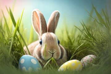 Fluffy rabbit in the grass with colored Easter eggs. Generative Ai