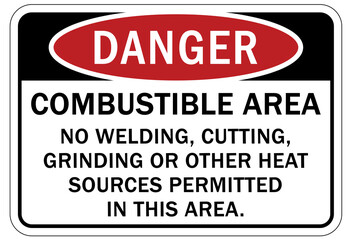 Welding hazard sign and labels combustible area. No welding, cutting, grinding or other heat source permitted in this area