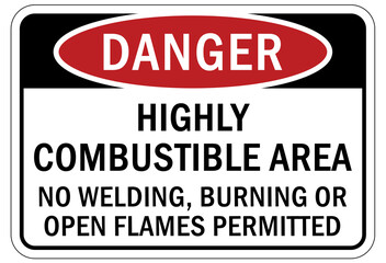 Welding hazard sign and labels highly combustible. No welding, burning or open flames permitted