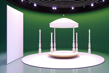 Fototapeta na wymiar 3D display podium, green background with round frame pedestal and flying silk cloth curtain.Nature wind. Beauty, cosmetic product presentation stand. Luxury feminine template 3d render advertisement