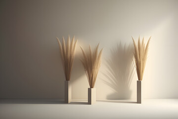 3D podium display on beige, background and dry pampas grass in vase. Bright cosmetic, beauty product promotion pedestal with shadow. Nature showcase composition. Abstract minimal studio 3D render