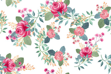 Set of floral rose seamless pattern blooming flowers