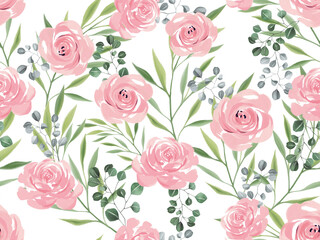 Set of floral rose seamless pattern blooming flowers