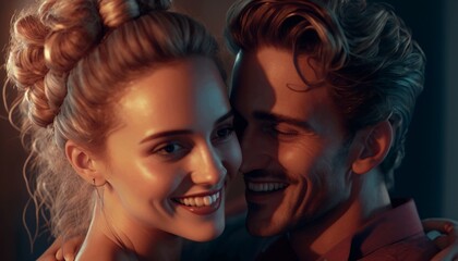 Obraz premium Girl with her hair in a ponytail spends the evening with her boyfriend, romantic photo, kiss, intimacy, romance. Generative AI.