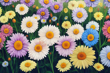 Ravishing scenery of nature background, closeup multicolor and blooming daisy bouquet in meadow field during springtime illustration in wide view by Generative AI.