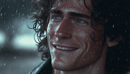 Fototapeta na wymiar A long-haired, curly-haired guy smiles as he stands in the rain. Generative AI.