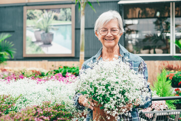 Cheerful attractive senior woman enjoying shopping in the greenhouse selecting pots of plants and...