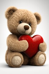 Obraz premium Cute adorable teddy bear holding a brown red heart on a white background - Generative AI