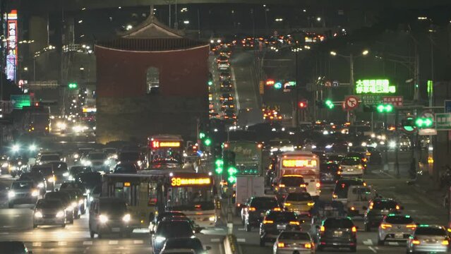 Bokeh circles of  busy intersection in Taipei North Gate. Taiwan