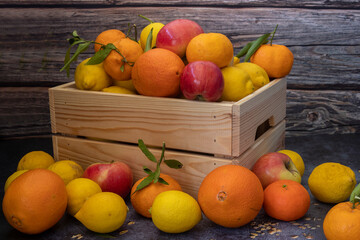 Freshly picked lemons, oranges, tangerines and apples in a Wooden Case.