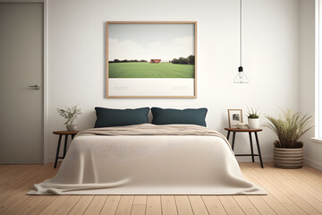 Mockup frame in cozy simple bedroom interior background, 3d render