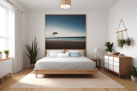 Home mockup, Coastal boho style bedroom interior background, 3d render