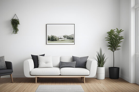 Home mockup, farmhouse living room interior background, 3d render