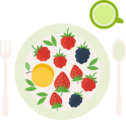 A plate with berries and fruits on the table and a spoon, fork, juice in a cup, green leaves in flat