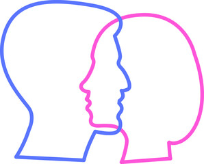 The outline of a man's head and a woman's head. Blue and pink. 