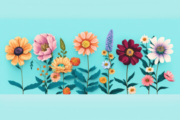 Colorful summer flower row on light blue background, floral design, illustration generative ai
