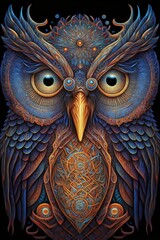 Tribal owl. Multicolor illustration on black background. Generative AI